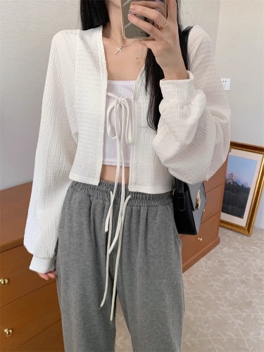 Thin cardigan short coat spring and summer versatile strappy long sleeve lantern sleeve short sun protection top for women