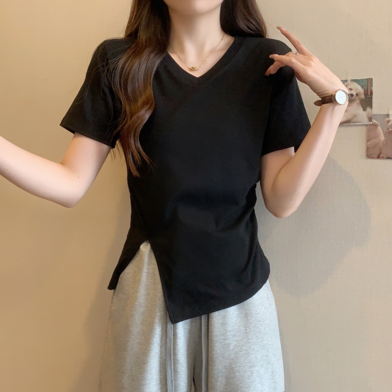 Real shot of pure cotton summer irregular V-neck right shoulder pure lust style bottoming short-sleeved T-shirt design waist short top