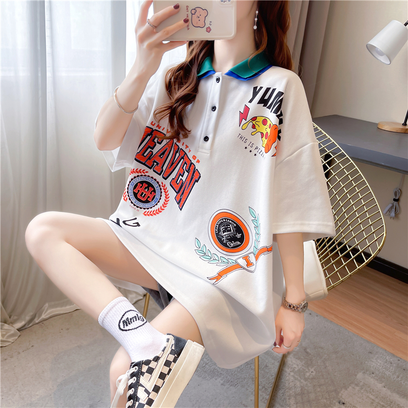 實拍 夏裝韓版寬鬆珠地布POLO領印花上衣中長款大碼短袖T恤女