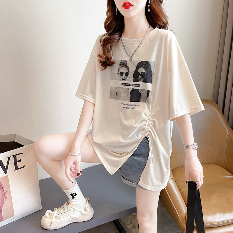 實拍 夏裝韓版寬鬆冰爽純棉褶皺抽繩圓領中長款大碼女裝短袖T恤
