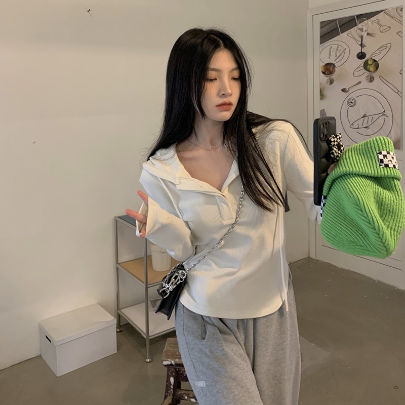 四色 純欲風白色連帽長袖T恤女秋季修身顯瘦內搭打底衫上衣女ins