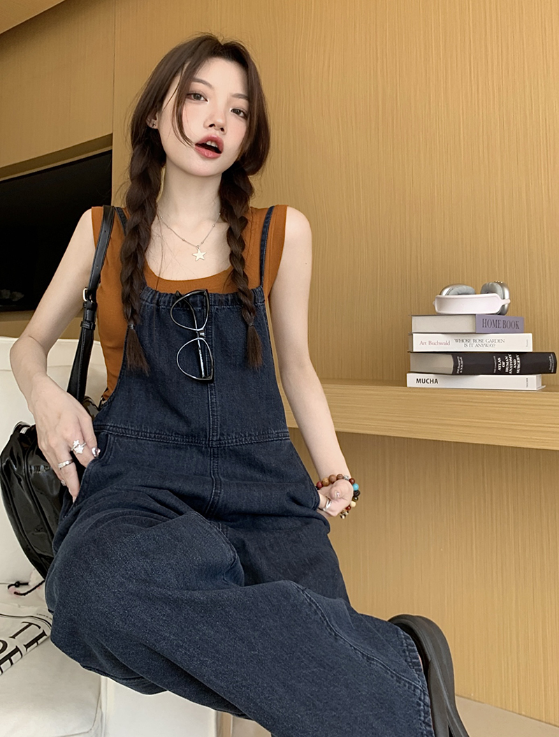 實拍 韓版設計感系帶寬鬆牛仔背帶褲女+內搭無袖背心tee