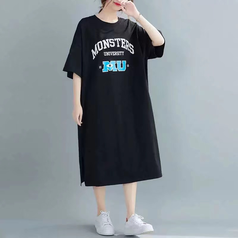 仿棉牛奶絲# 夏季個性字母中長款開叉T恤連衣裙女寬鬆短袖裙子
