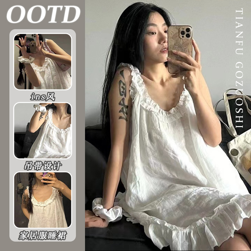 法式高級感少女花邊睡衣女款夏季白色甜美吊帶連衣裙大碼家居睡裙