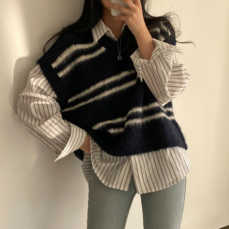 韓國chic寬鬆撞色條紋疊穿毛衣馬甲針織背心上衣女