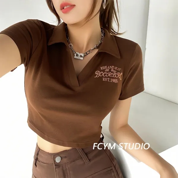 Pure cotton European and American embroidery slim polo collar short-sleeved T-shirt for women summer hot girl slim lapel short crop top
