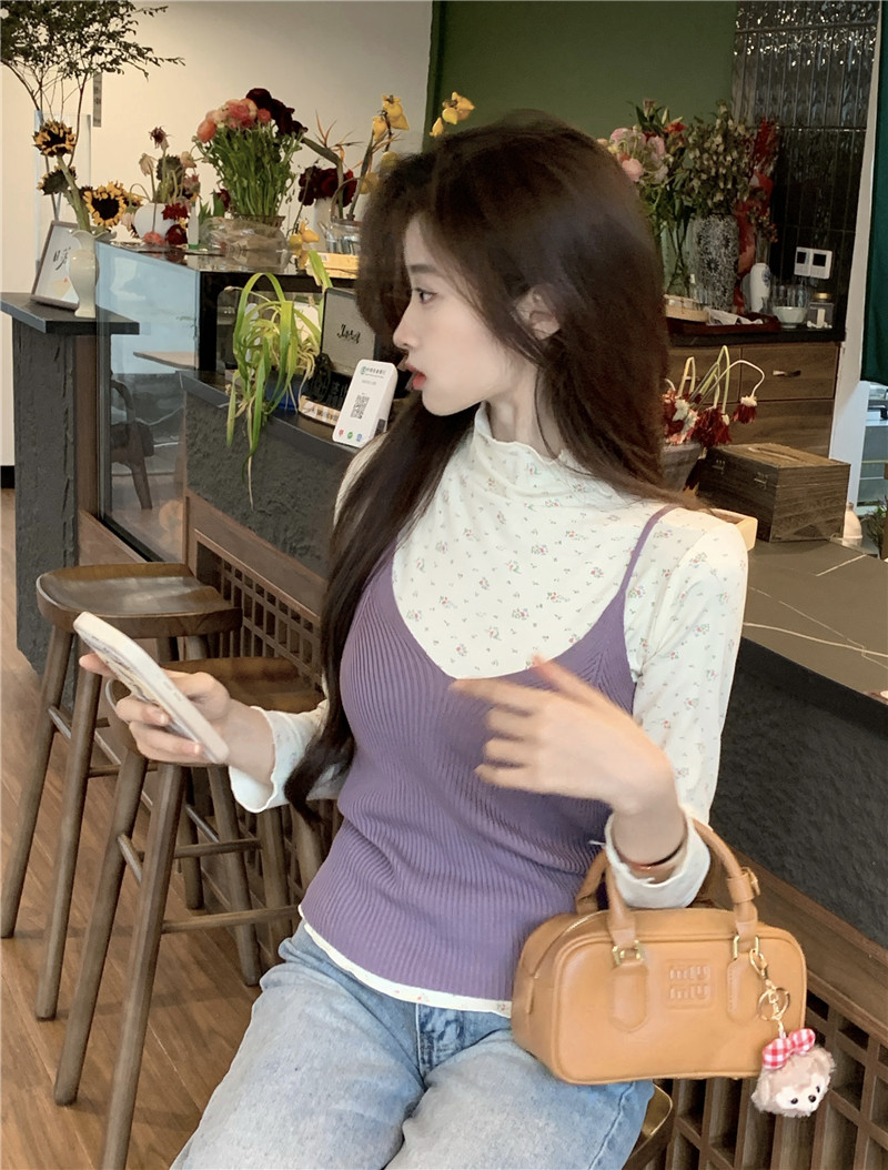 Real shot ~ sweet suit layered with purple knitted vest, spring bottoming shirt, floral T-shirt two-piece set