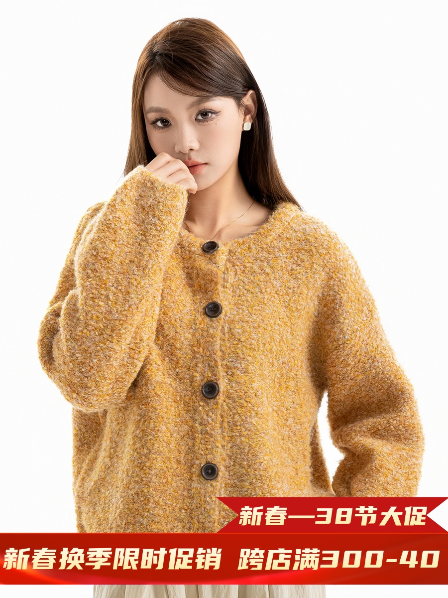 LAMC原創顯瘦秋冬寬鬆慵懶風圓領針織短款毛衣開衫上衣外套潮女款