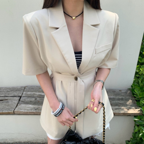 2024新款韩国chic夏法式宽松休闲西装腰带调节系扣气质短䄂外套