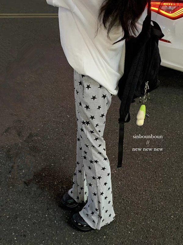 實拍 夏季韓版寬鬆微喇叭磨毛星星鬆緊高腰休閒褲女