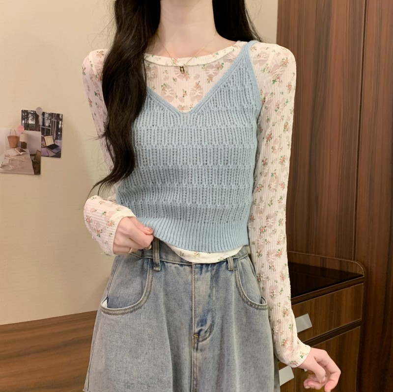 甜美減齡韓系圓領碎花修身上衣疊穿麻花針織吊帶馬甲背心兩件套裝