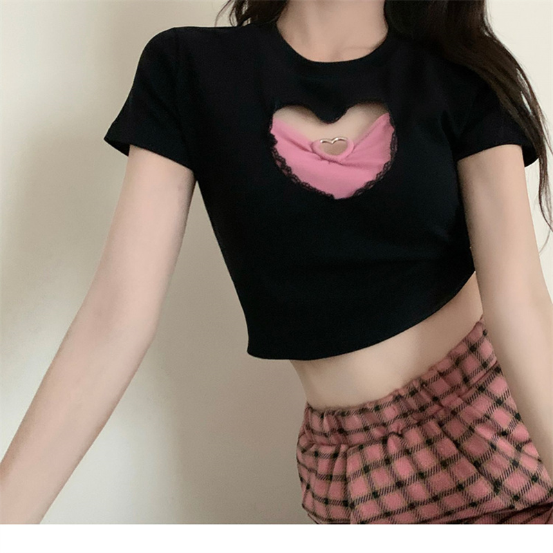 Summer 2024 design niche sweet and spicy tops, fashionable and age-reducing pink love hollow front shoulder short-sleeved T-shirt for women
