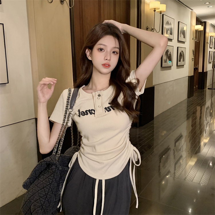 Pure cotton original quality 320g original pit strips high quality drawstring casual printed short-sleeved T-shirt for women