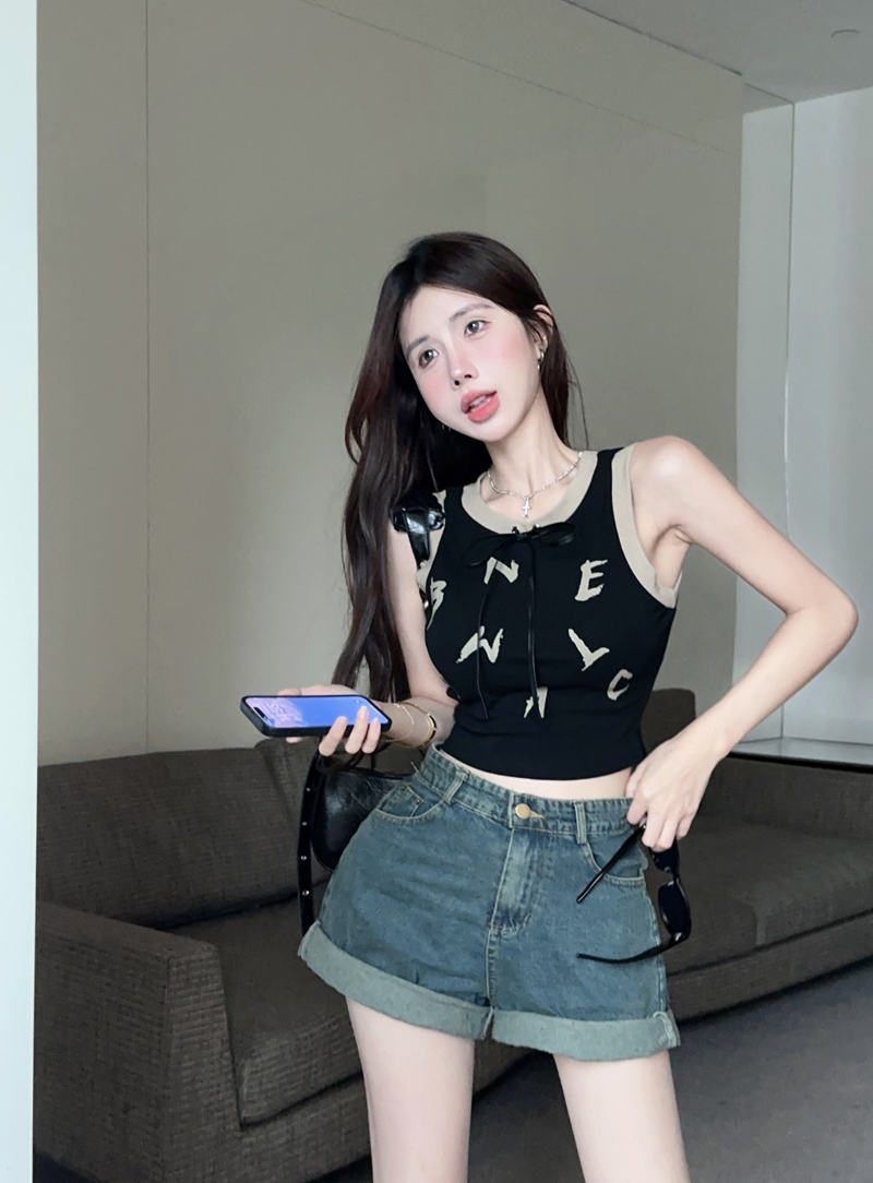 實拍 設計感印花綁帶甜酷辣妹拼色短款背心