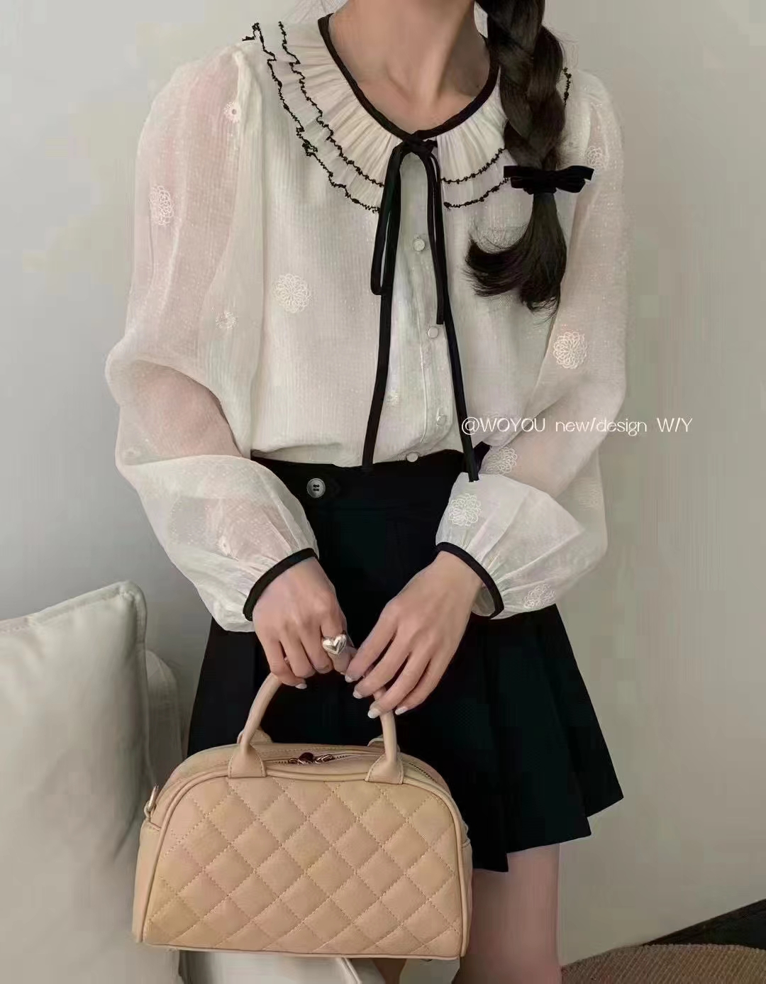韓版雙層荷葉邊娃娃領刺繡長袖襯衫2024春新款女別致漂亮小衫上衣