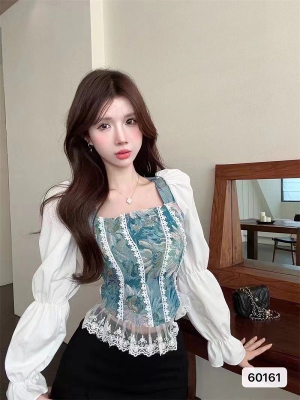 方領襯衫法式復古提花甜辣風碎花拼接洋氣辣妹上衣