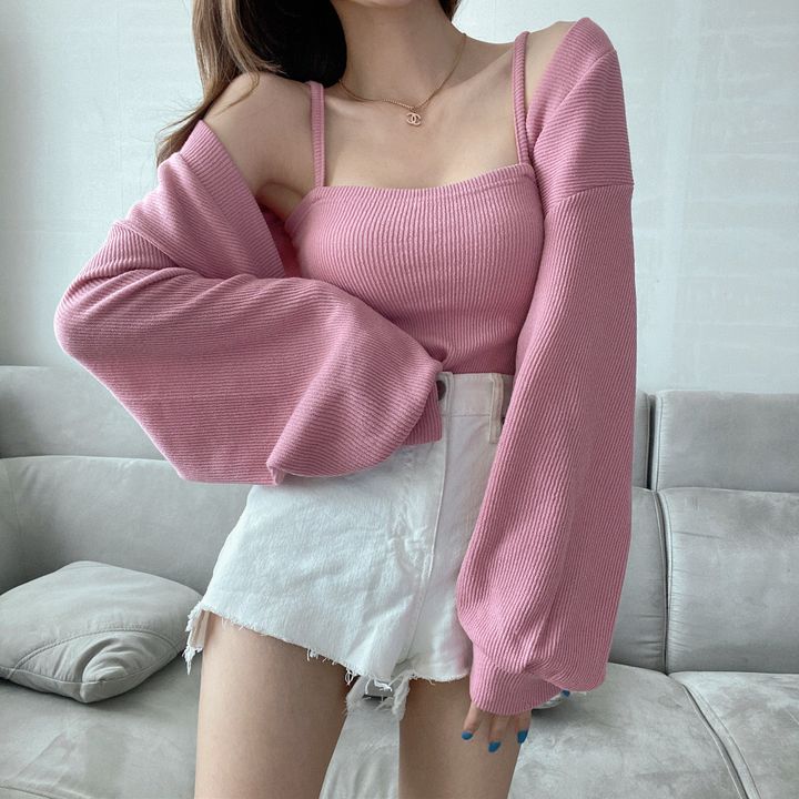 韓國chic 休閒兩件套 吊帶背心+防曬衫上衣