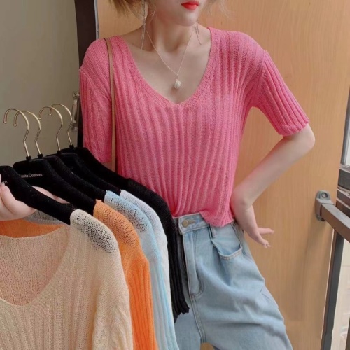 韩风chic镂空v领冰丝针织衫短袖t恤女夏季薄款bm露脐高腰短款上衣