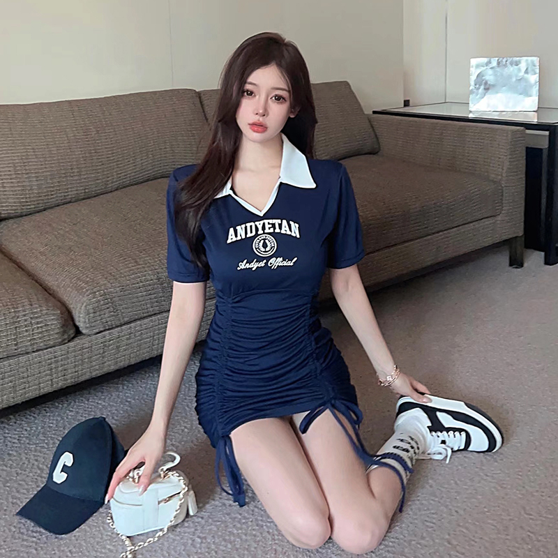實拍~美式學院抽繩POLO領連衣裙褶皺修身女裝新款原版質量設計感