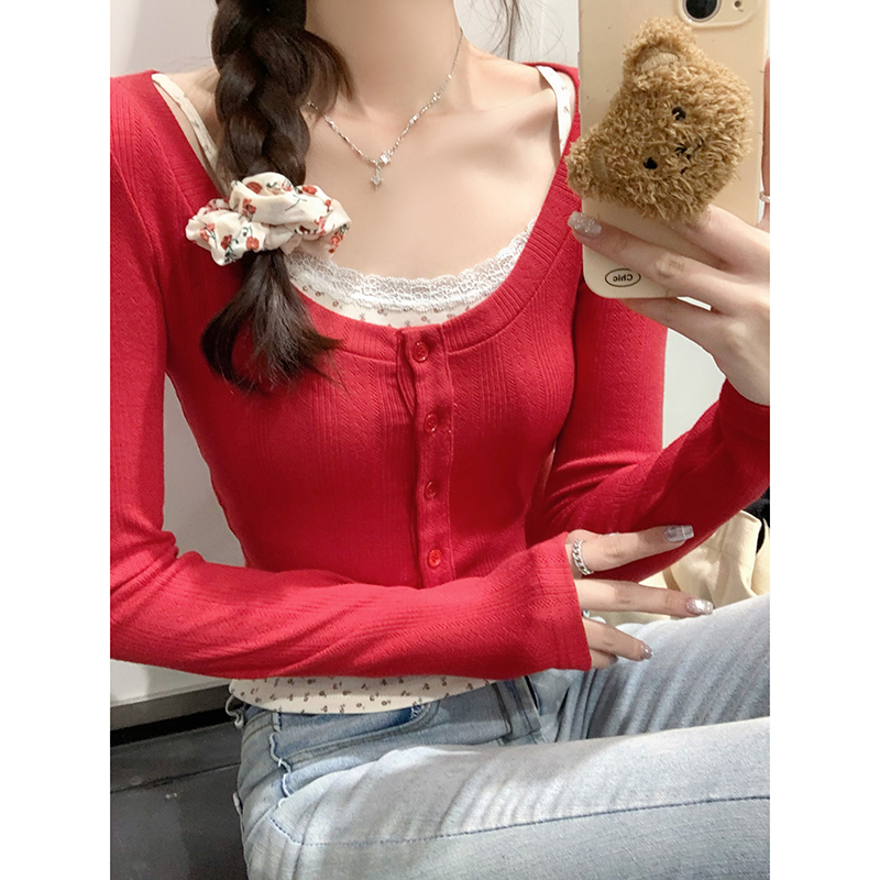 實拍螺紋u領長袖t恤女紅色2024早春外穿露骨甜辣妹短款上衣