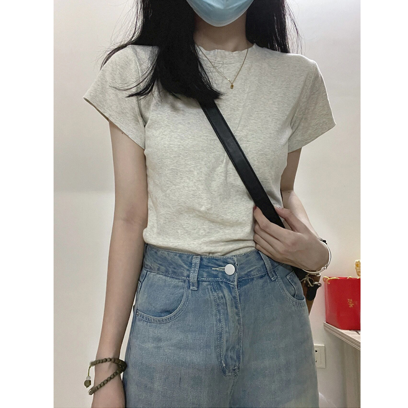 2024夏季210克仿棉螺紋原版質量小飛袖半高領正肩T恤女短袖上衣