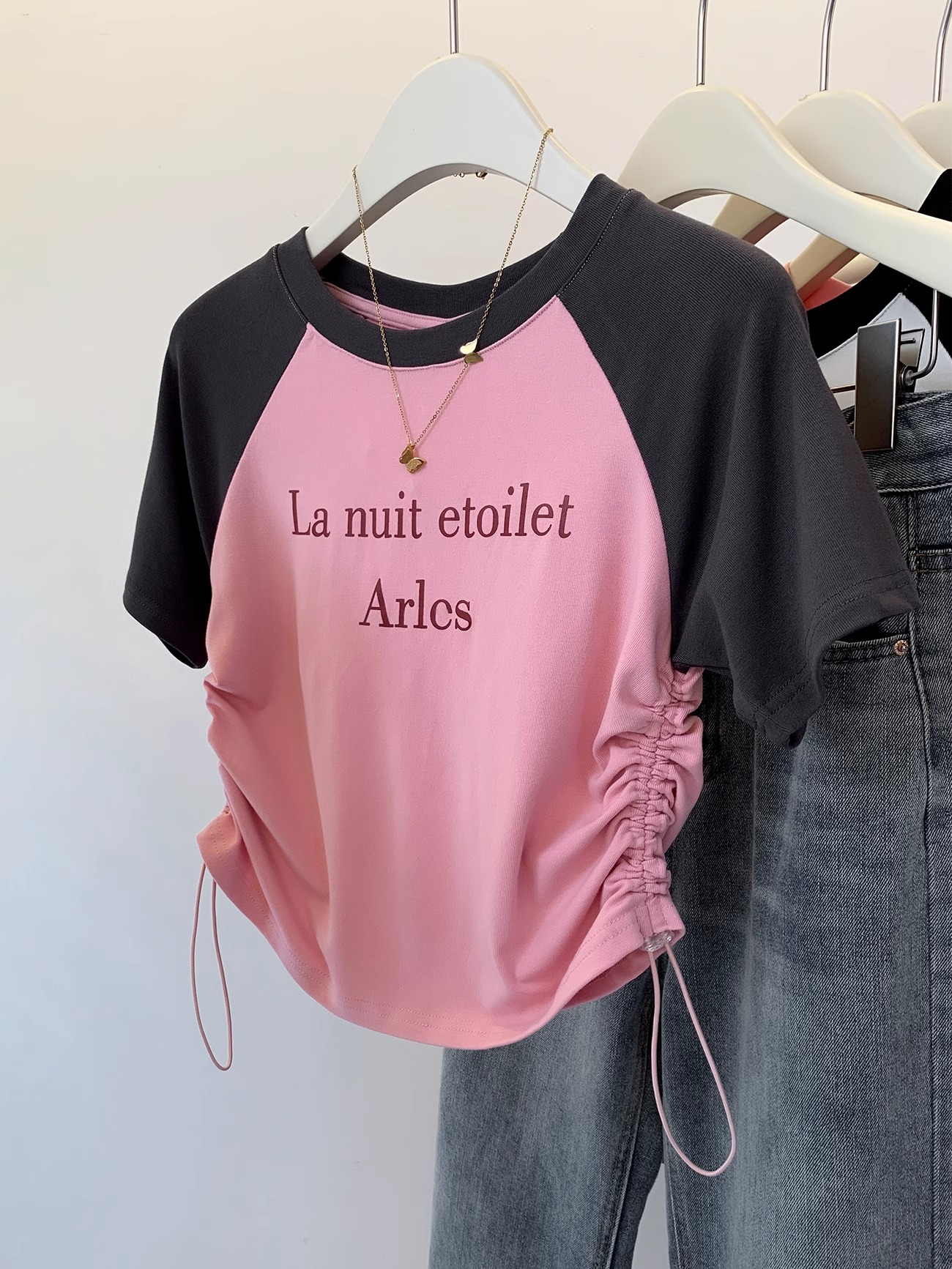 Official picture 92 cotton/8 spandex 40 count 210g pure cotton contrasting color short drawstring short-sleeved T-shirt for women