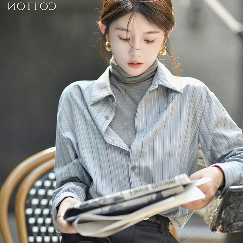 French style striped shirt for women, spring Korean style loose, slim and versatile top layered with long-sleeved shirt