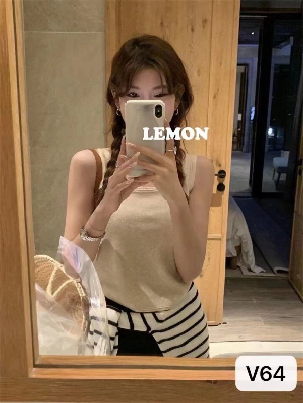 the lemon檸檬綠茶方領針織吊帶背心女修身顯瘦內搭外穿無袖上衣