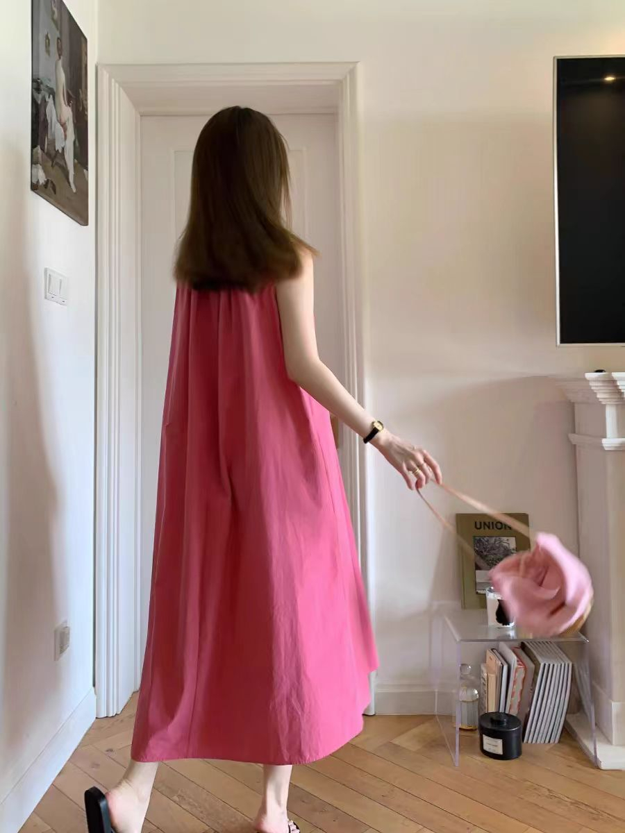 茶歇法式無袖吊帶連衣裙女夏季高級感背心A字長裙顯白氣質樹莓紅