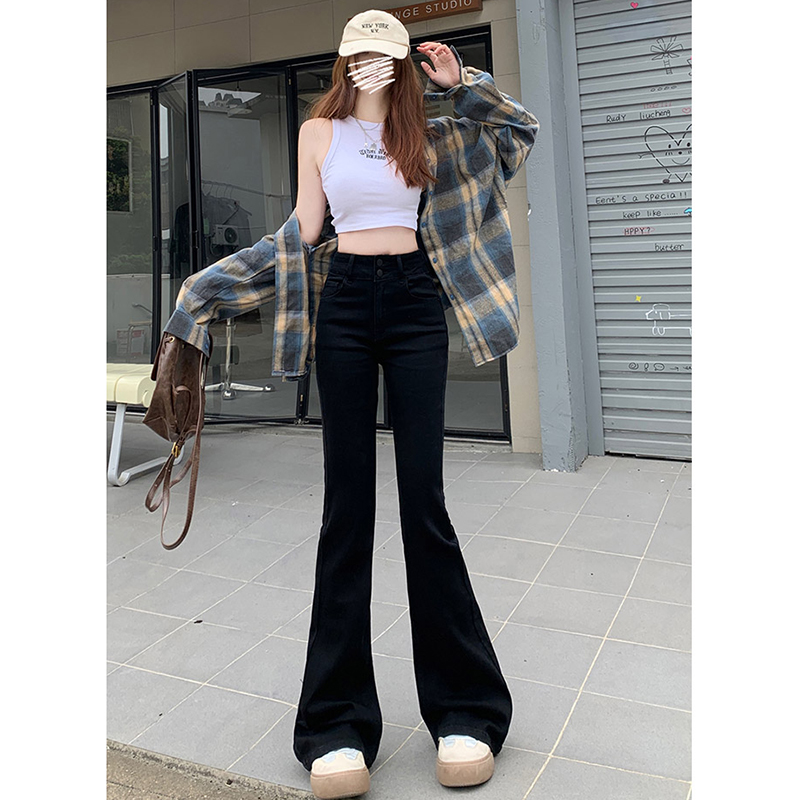 美式個性牛仔喇叭褲女春秋款新款彈力顯瘦雙扣收腹顯瘦辣妹牛仔褲