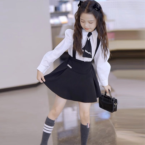 女童春秋学院风套装韩版儿童中大童时髦洋气长袖衬衫背带裙两件套