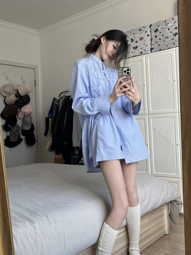 Real shot long-sleeved blue shirt top suit spring and autumn new shirt shorts two-piece set