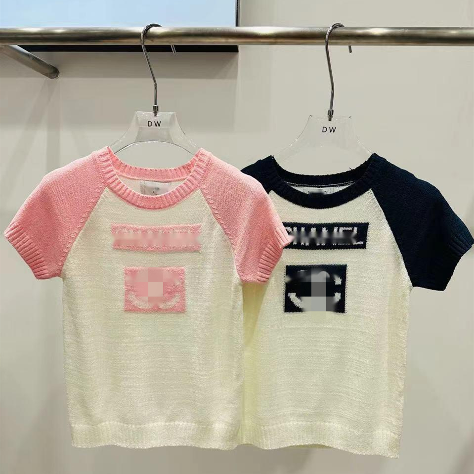 24早春新款減齡甜美少女風字母提花拼色天絲短袖針織上衣顯瘦百搭