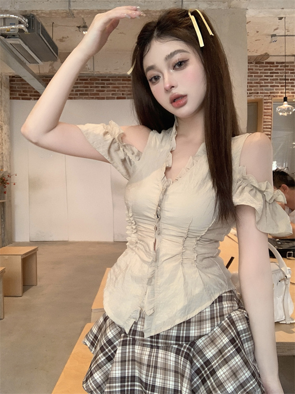 實拍  襯衫新款V領設計感上衣輕熟法式小眾棉麻褶皺襯衣