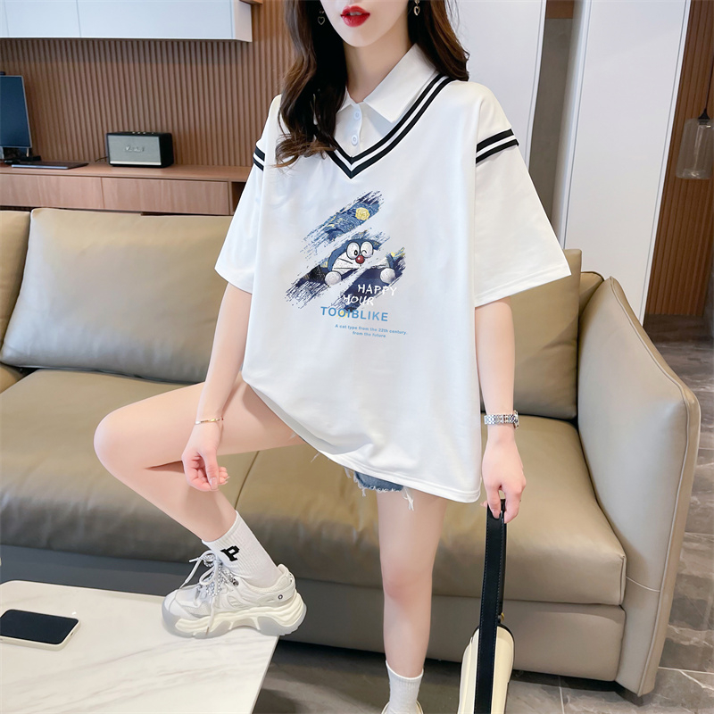 實拍 2024夏裝韓版寬鬆假兩件卡通印花M-3XL大碼短袖T恤女