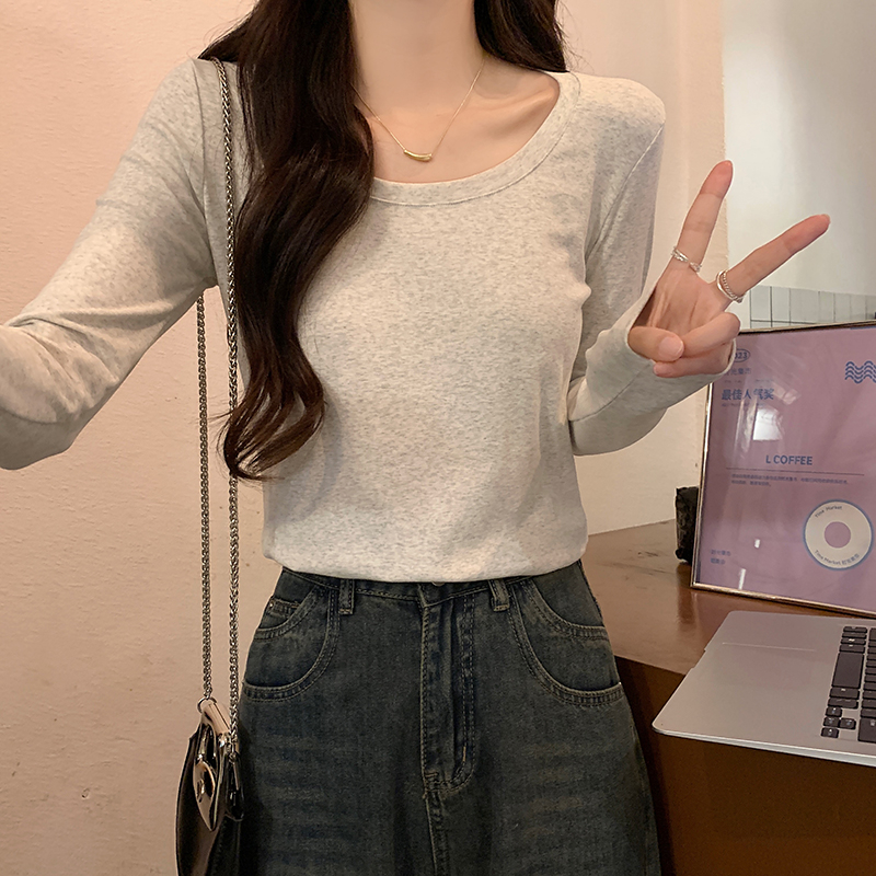 實拍 2024春季純棉螺紋韓版修身圓領插肩袖印花長袖打底衫T恤女