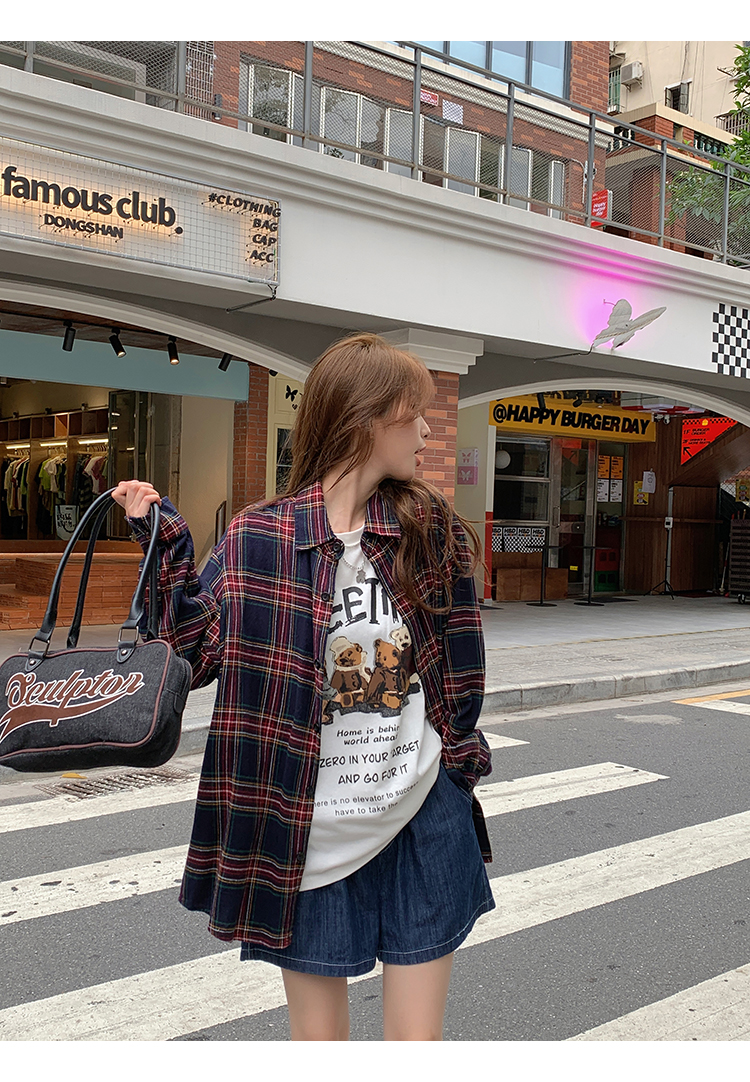 Spring and Autumn Plaid Long Sleeve Shirt Women's Thin Ins Lazy Style BF Design Niche French Shirt Top