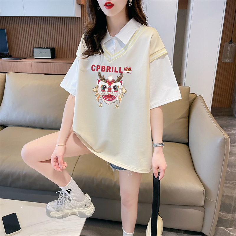 實拍 2024夏裝韓版寬鬆假兩件卡通印花M-3XL大碼短袖T恤女