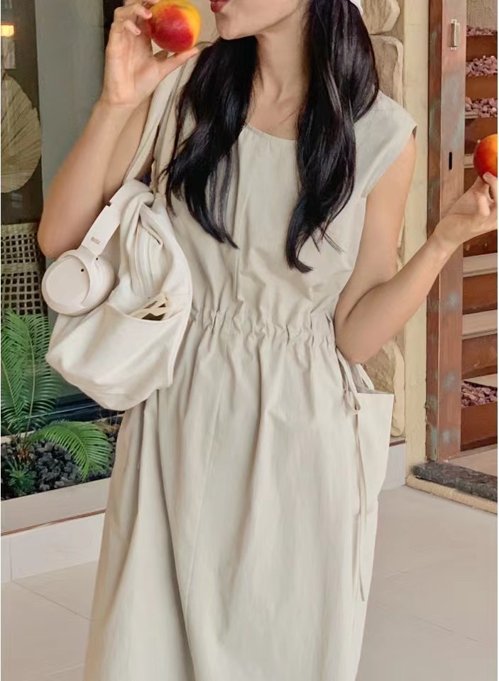 韓國chic夏季簡約圓領褶皺高腰顯瘦雙口袋無袖背心連衣裙女