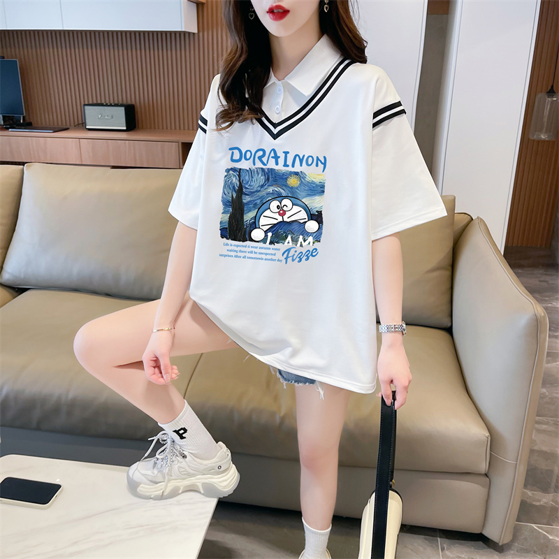 實拍 2024夏裝韓版寬鬆假兩件卡通印花M-3XL大碼短袖T恤女