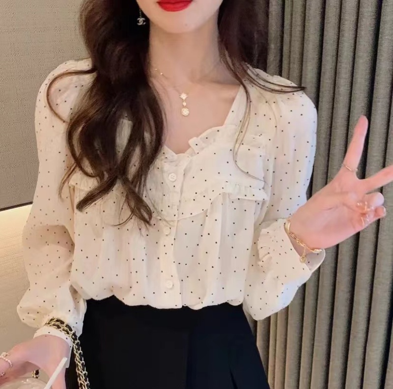 安璃春季小波點木耳邊上衣小清新甜美淑女蕾絲衫/雪紡衫