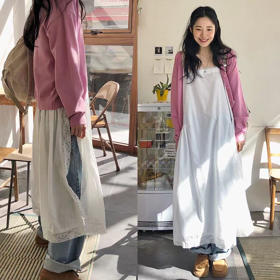 首爾印象韓代 東大門ins風 文藝白色蕾絲邊側開叉吊帶裙24女裝春