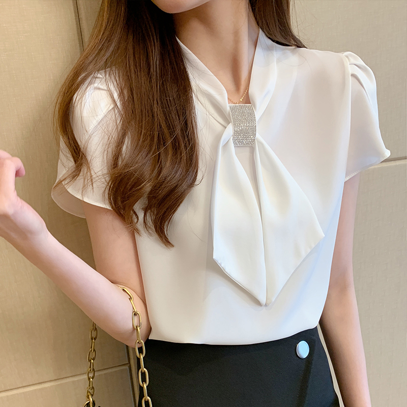 洋氣時髦燙鑽飄帶襯衫女2024夏季新款寬鬆顯瘦短袖上衣女
