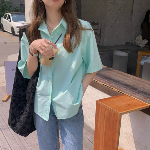 Actual shot of 2024 new summer Korean style design niche candy color loose and versatile short-sleeved shirt