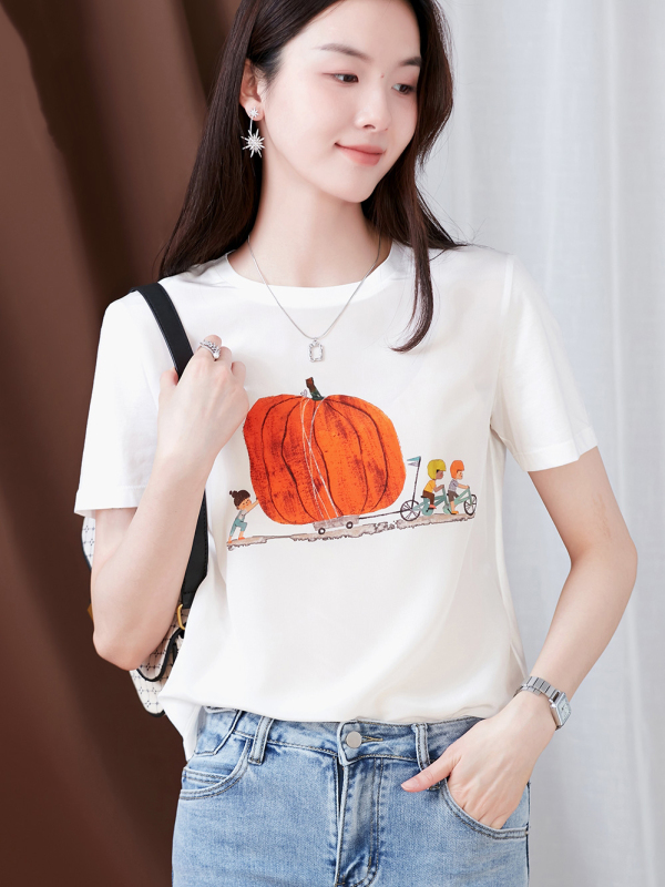 真絲上衣女短袖前後拼接南瓜印花小衫2024夏季新款圓領桑蠶絲T恤