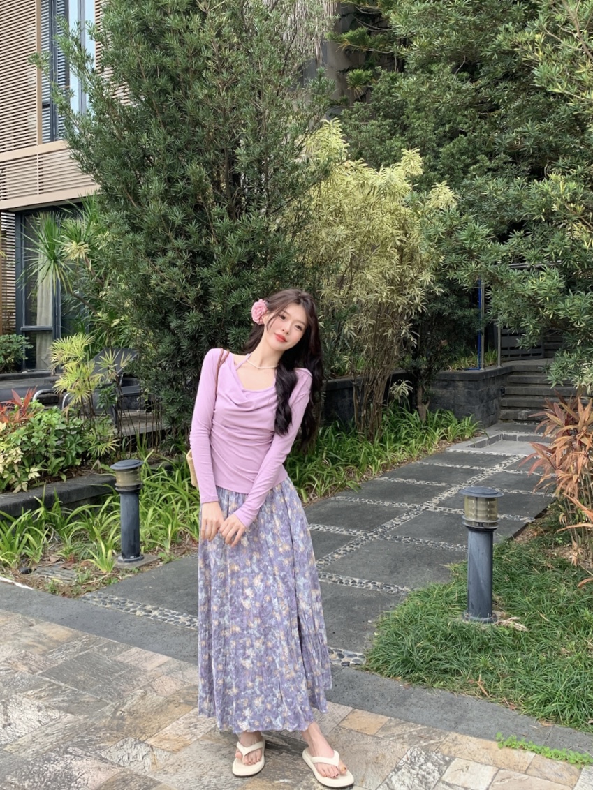 實拍 純欲掛脖修身顯瘦假兩件+碎花小眾壓褶垂感顯瘦半身長裙