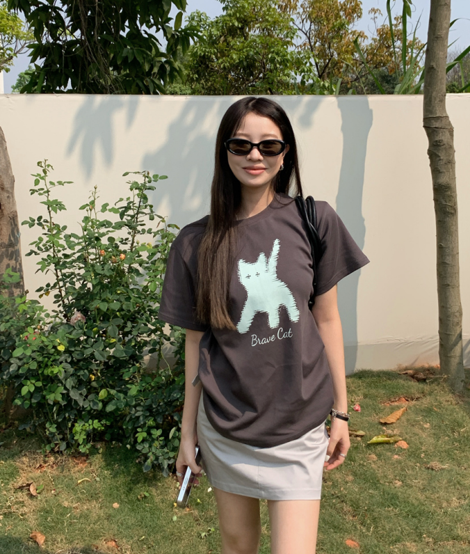 實拍！卡通俏皮貓咪印花短袖T恤寬鬆簡約百搭上衣女
