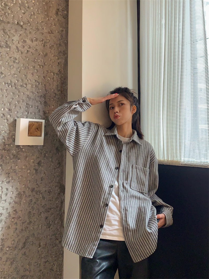 實拍美式hiphop條紋襯衫女春秋設計感小眾bf寬鬆休閒襯衣長袖上衣