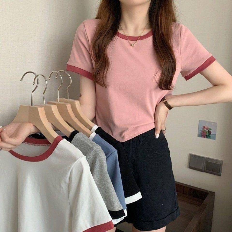 撞色圓領短袖t恤女夏季打底衫韓版修身短款