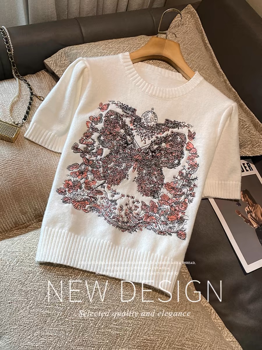 白色毛衣女冬卓家2024春季新款重工刺繡圓領短袖小個子針織衫上衣